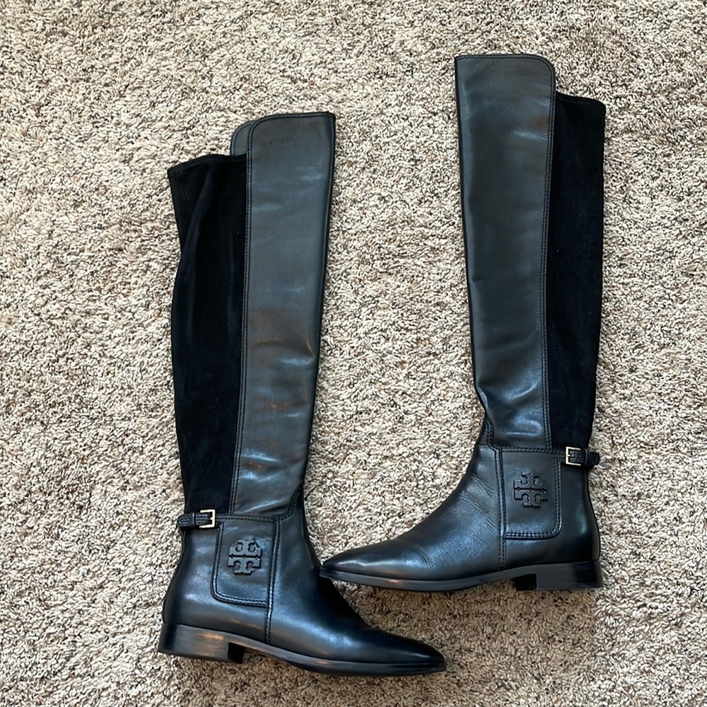 Tory Burch black Wyatt Over the Knee Boot Calf Leahter/Stretch Textile Size 8.5